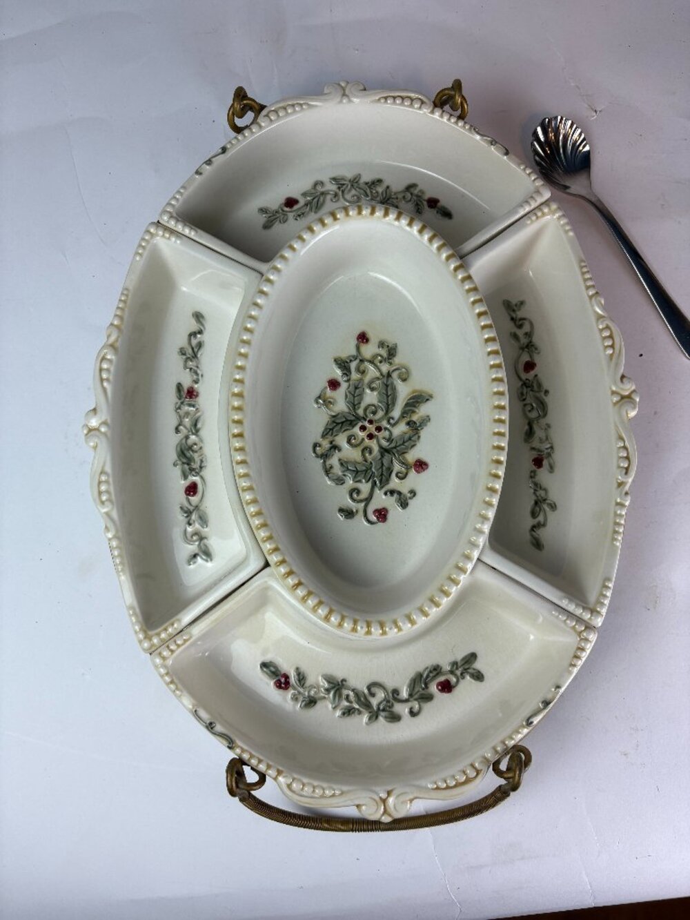 Vintage Ceramic Relish Tray Brass Caddy 5 Piece Floral Appetizer Serving Set